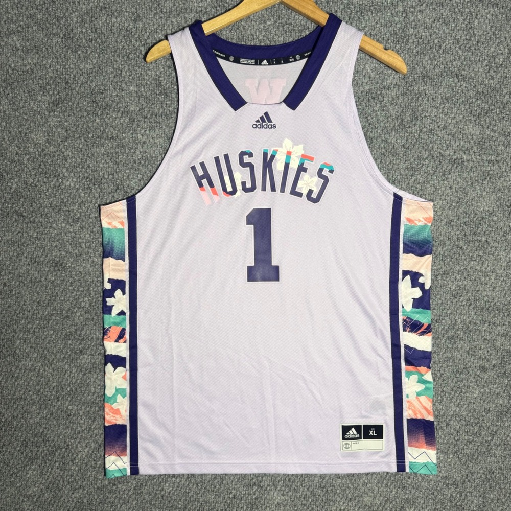 Adidas Washington Huskies Floral Basketball Jersey Purple Mens Size XL #1 NWOT